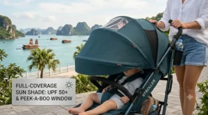 Close up of an extendable UV protection canopy on a lightweight umbrella stroller shielding a resting toddler.