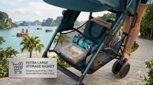The spacious mesh under seat storage basket of a lightweight umbrella stroller holding a diaper bag and baby necessities.