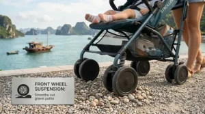 Demonstration of the adjustable multi position reclining seat on a lightweight umbrella stroller for comfortable napping.