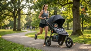 A mother jogging on a paved park path while pushing her baby in a high-performance jogging stroller.