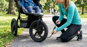 Illustration showing how to use a hand pump to inflate a stroller with air filled tires.