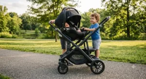 Sit and stand double stroller designed for an infant car seat in front and a standing toddler bench platform in back.