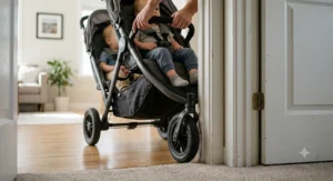 Detailed view demonstrating wheel clearance of a narrow double stroller passing through a standard interior door frame.
