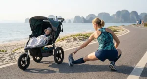 A mother stretching next to her active-lifestyle beach stroller on a scenic coastal running path.