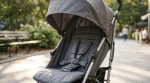 A detailed photorealistic 4K image detailing the interior cushion texture and secure 5-point safety harness system inside the seat of the specific grey reclining umbrella stroller.
