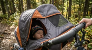 An outdoor stroller for hiking trails featuring an extended UV-protection canopy covering a sleeping infant.