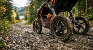 Deep tire tread on an outdoor stroller for hiking trails rolling smoothly through mud and wet dirt.