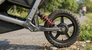 Detailed diagram of the rear wheel suspension frame on a stroller with air filled tires.