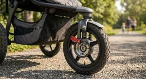 Illustration of the front locking swivel wheel mechanism on a stroller with air filled tires.