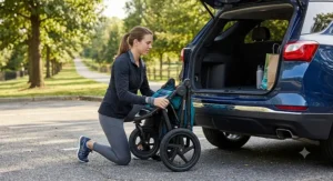 A compact folded swivel wheel jogging stroller being placed easily into the trunk of an SUV.