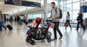 Dad maneuvering an inline double stroller packed with carry-on luggage and two kids through the airport.