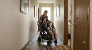 A tandem double stroller for narrow doorways and elevators smoothly navigating a tight apartment hallway.