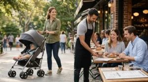 A 4K photorealistic photograph of the family at a sun-dappled outdoor cafe, with the main mother and stroller from the featured image passing by.