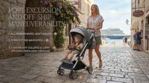 Parents pushing a durable travel stroller for cruise excursions across historic cobblestone streets at a port of call.