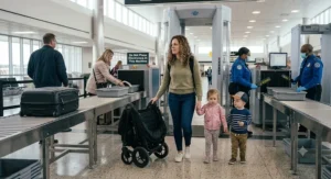 Mother walking through TSA security screening lane holding hands with two young kids next to a double stroller.