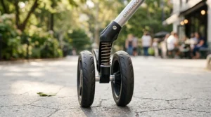 A detailed photorealistic close-up illustration of the specific front double-wheel assembly and visible coil spring suspension system on the silver frame of the grey reclining umbrella stroller seen in the featured image.