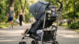 An illustration highlighting the under-seat storage basket and handlebar cup holder accessories on a modern umbrella stroller.
