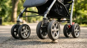 An illustration detailing the front-wheel suspension and swivel lock features of an all-terrain umbrella stroller.