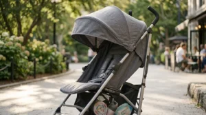 A detailed close-up photorealistic profile view of the grey reclining umbrella stroller showing its large, extendable fabric sun canopy fully deployed to provide optimal shade coverage.