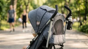 A detailed illustration of an umbrella stroller featuring an extendable UPF 50 plus sun canopy for maximum shade.