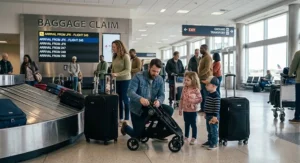 Father unfolding a lightweight travel double stroller at baggage claim with two young children.