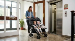 Illustration of a lightweight double stroller designed for narrow doorways and tight city elevator spaces.