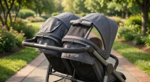 Dual extendable sun canopies with peek-a-boo windows on a lightweight double stroller under $200