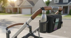 Height-adjustable handlebar with leatherette grip and parent cup holder on a tandem double stroller