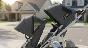 Dual adjustable UPF sun canopies protecting a newborn and toddler in a double tandem stroller