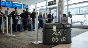 Travel double stroller packed inside a padded gate-check travel bag at an airport gate