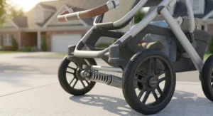 Close-up of all-terrain wheels and front wheel suspension on a tandem double stroller for smooth rides