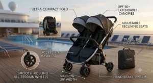 Diagram highlighting key features of a compact double stroller ideal for family cruise vacations.