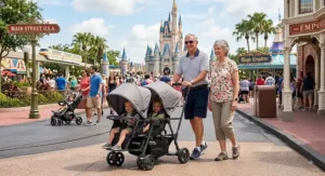 Grandparents pushing a lightweight double stroller with sun canopies at an amusement park