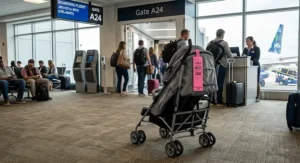 A lightweight double stroller with a pink gate check bag tag sitting at an airline boarding gate.