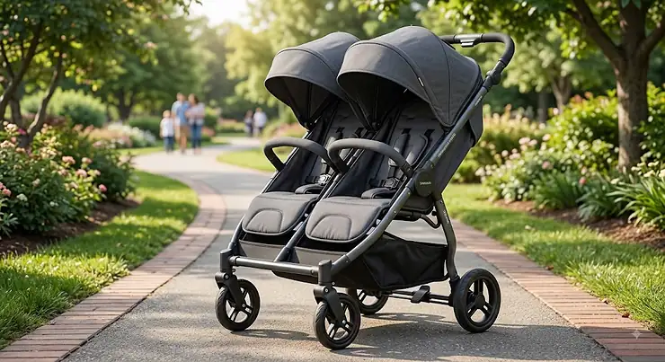 Affordable lightweight double stroller under $200 featuring a compact dark gray frame and dual adjustable canopies