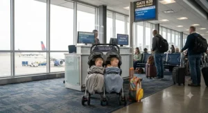Unfolded double stroller with two toddler seats parked at an airport departure gate.