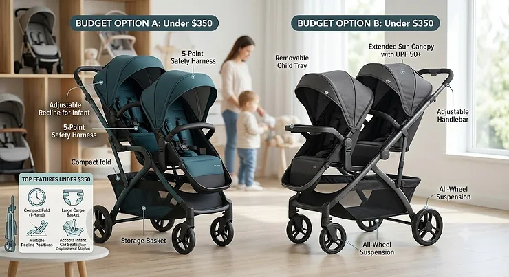 Illustration comparing top features of a budget-friendly tandem double stroller under $350 for infants and toddlers.