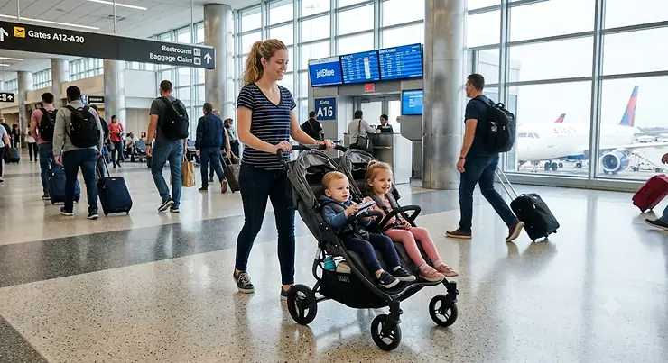 Side-by-side travel double stroller with toddlers navigating an airport terminal easily. travel double stroller for toddlers and preschoolers
