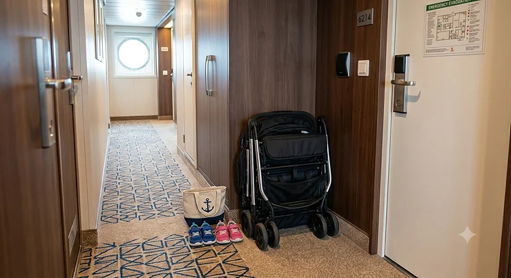 A lightweight compact double stroller folded neatly inside a tight cruise ship cabin entryway.