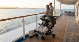 A compact double stroller with fully reclined seats and sun canopies for napping toddlers on a cruise.