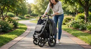 Parent demonstrating a quick one-handed compact fold on a lightweight double stroller under $200