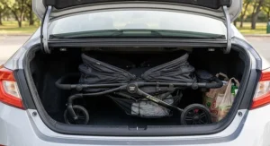 Affordable side-by-side twin stroller folded compactly to fit into a standard car trunk.