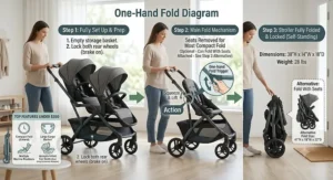 Diagram showing one-hand compact fold steps for an affordable tandem double stroller.
