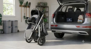 Compact folded tandem double stroller stored easily inside the trunk of a family SUV