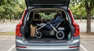 Side-by-side double stroller with equal-size seats folded compactly inside the trunk of a family SUV.