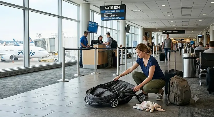 A mother folding a lightweight double stroller near an airport boarding gate before check-in.