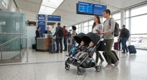 Parents pushing a compact side-by-side double stroller through an airport terminal for gate check-in.