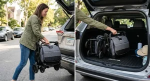 Compact side-by-side lightweight double stroller folded with one hand and loaded into a car trunk