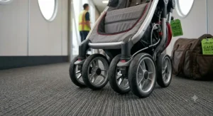 Close-up of locked wheels on a double travel stroller parked in the jetway for airplane gate check.