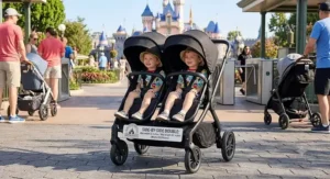 Illustration of two children riding in a Disney park approved lightweight side-by-side double stroller.